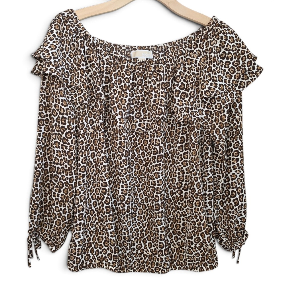 Michael Kors Blouse Womens M Brown Cheetah Animal Print Ruffle Off The Shoulder